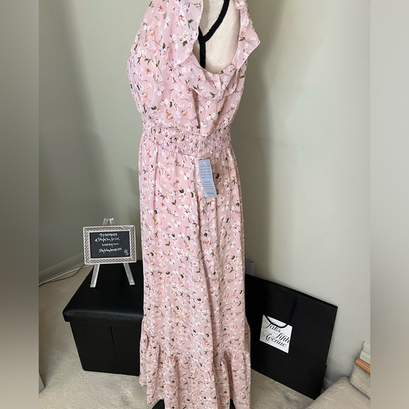 Melloday Smocked Mock Neck Tiered Pink Floral Maxi Dress - NWT, size XL - Picture 7 of 13